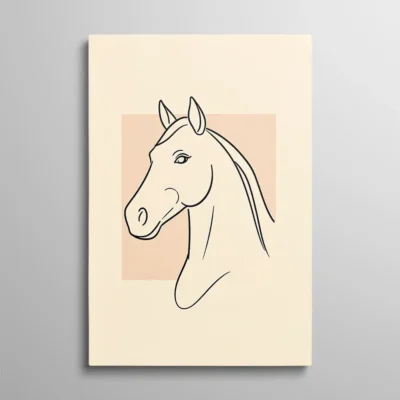 tableau tete de cheval Tableau tête de cheval – portrait de cheval de profil dessiné au trait noir sur fond crème, rectangle rose poudré en arrière-plan, style line art minimaliste