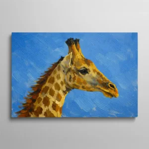 Tableau tête de girafe sur fond bleu, reproduction de peinture a l'huile avec coup de pinceau visible