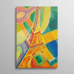 Tableau tour Eiffel abstrait – reproduction de "La Tour Eiffel" de Robert Delaunay, 1924, structure métallique jaune et orange en cadrage plongeant sur fond de plans colorés, huile sur toile